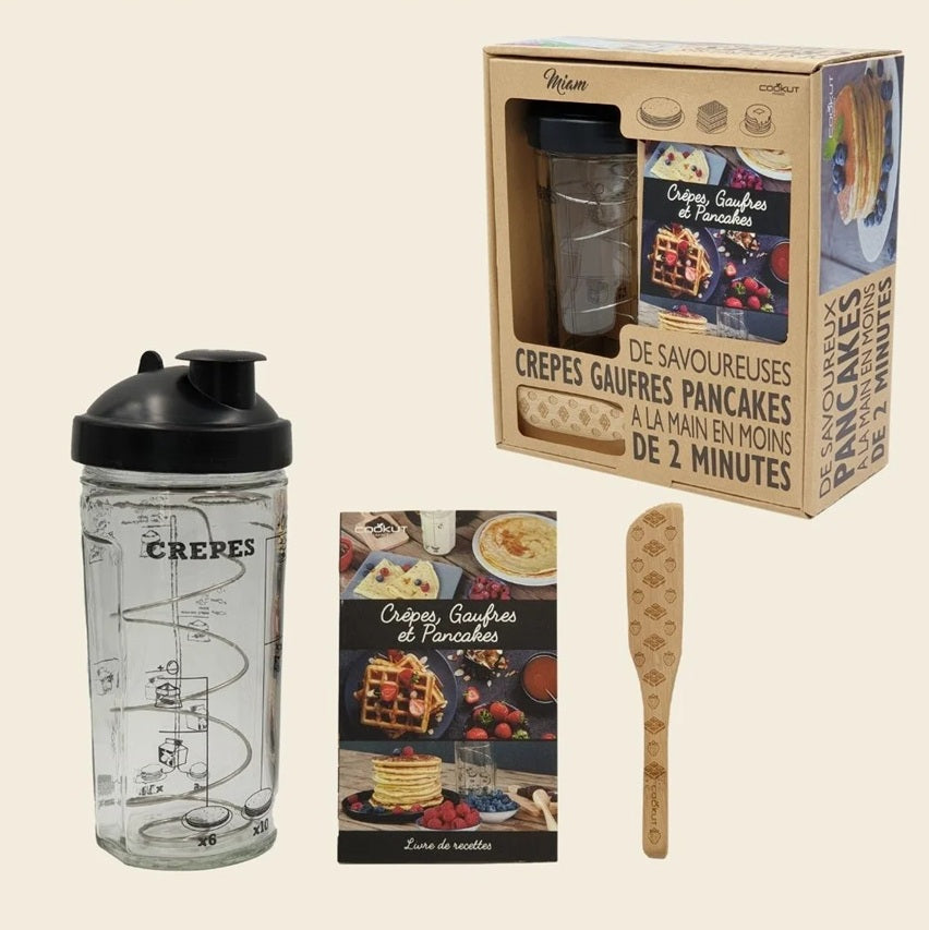 Coffret Shaker à crêpes, pancakes, gaufres avec spatule & livret de recettes