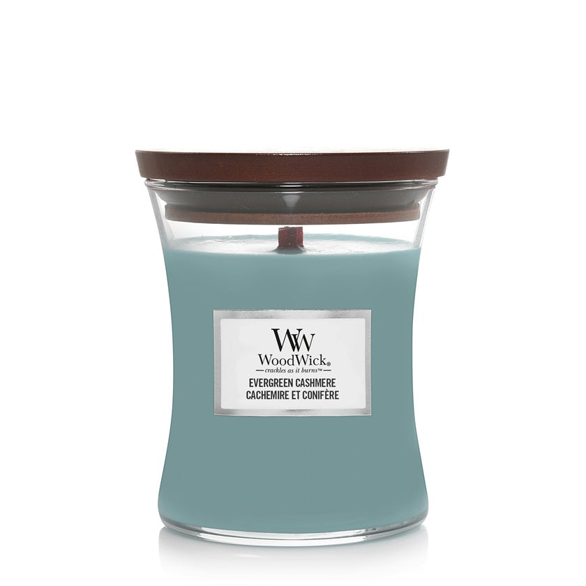 Woodwick Medium Evergreen Cashmere (Cashmere & Conifer) 275g